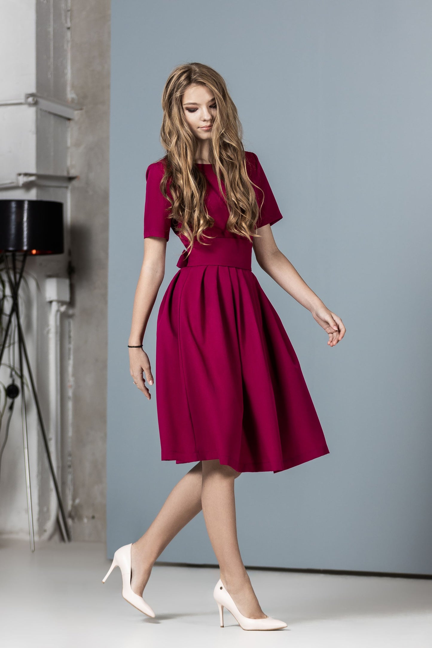 Raspberry red color dress with pleats