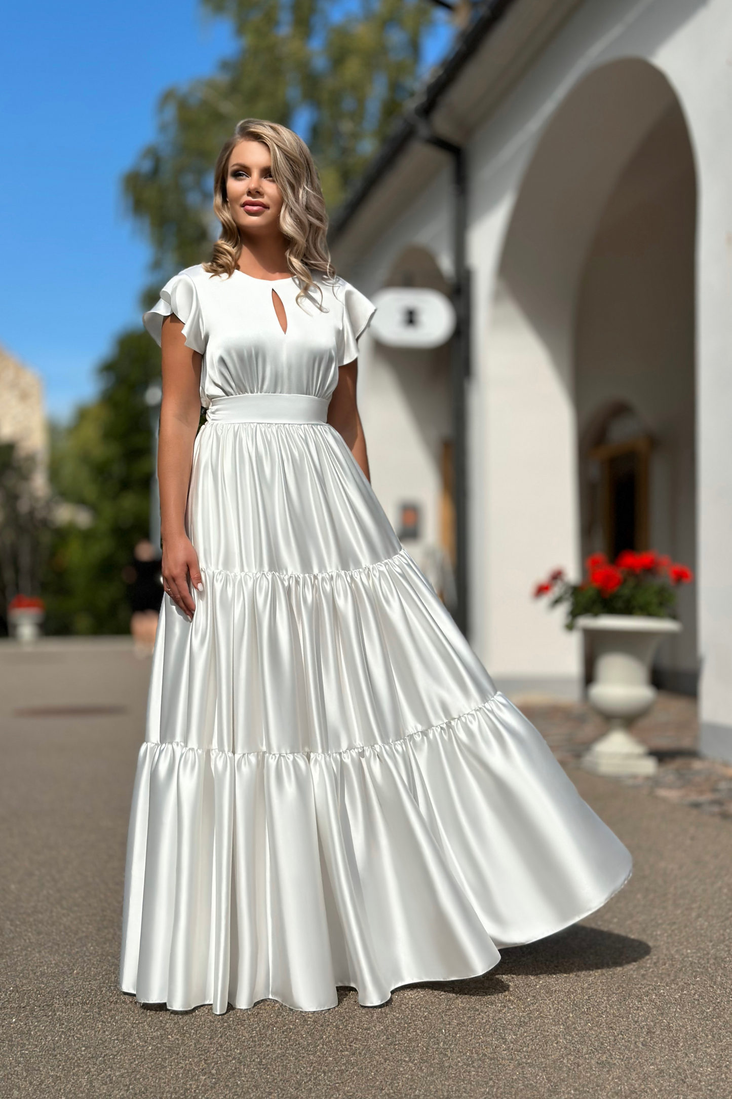 White long satin maxi dress with ruffles – GUNTINA