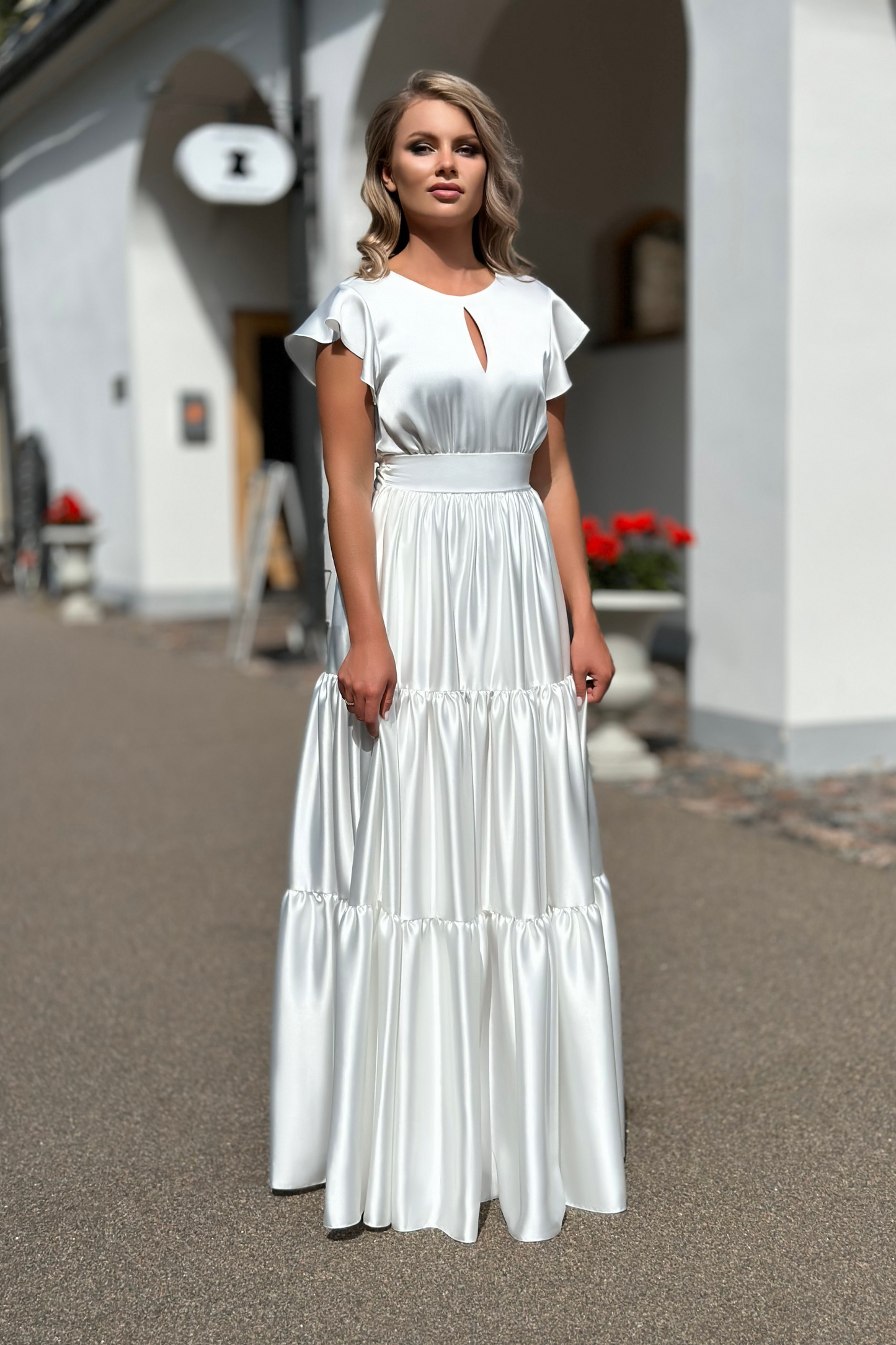 White long satin maxi dress with ruffles