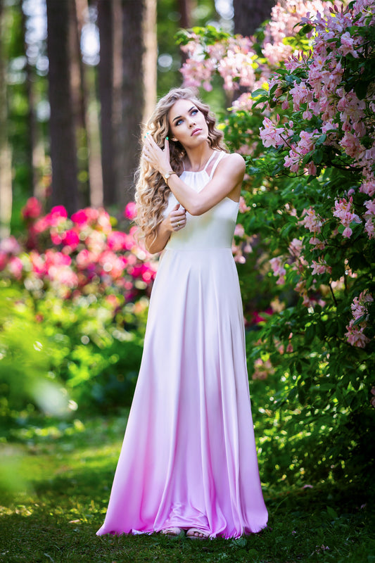 Light Yellow to Pink Ombre Satin Maxi Dress