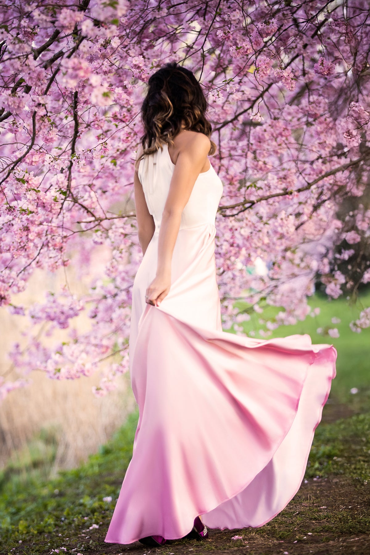 Light Yellow to Pink Ombre Satin Maxi Dress