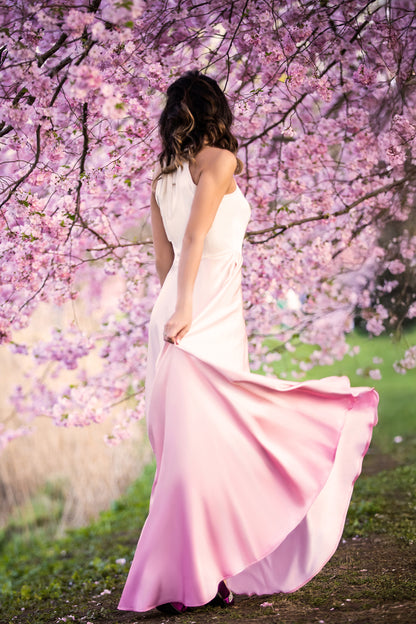 Light Yellow to Pink Ombre Satin Maxi Dress
