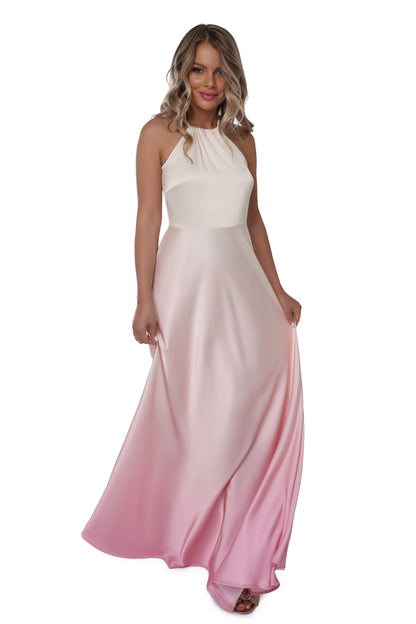 Light Yellow to Pink Ombre Satin Maxi Dress