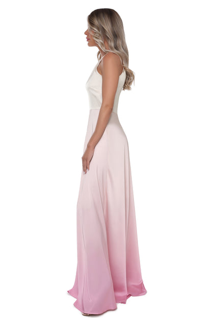 Light Yellow to Pink Ombre Satin Maxi Dress