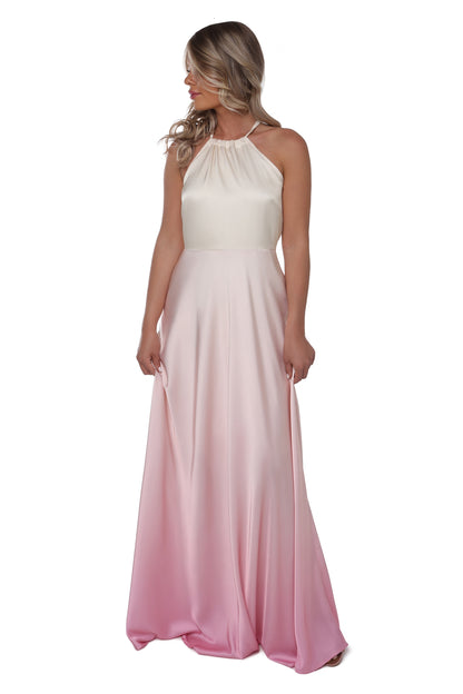 Light Yellow to Pink Ombre Satin Maxi Dress