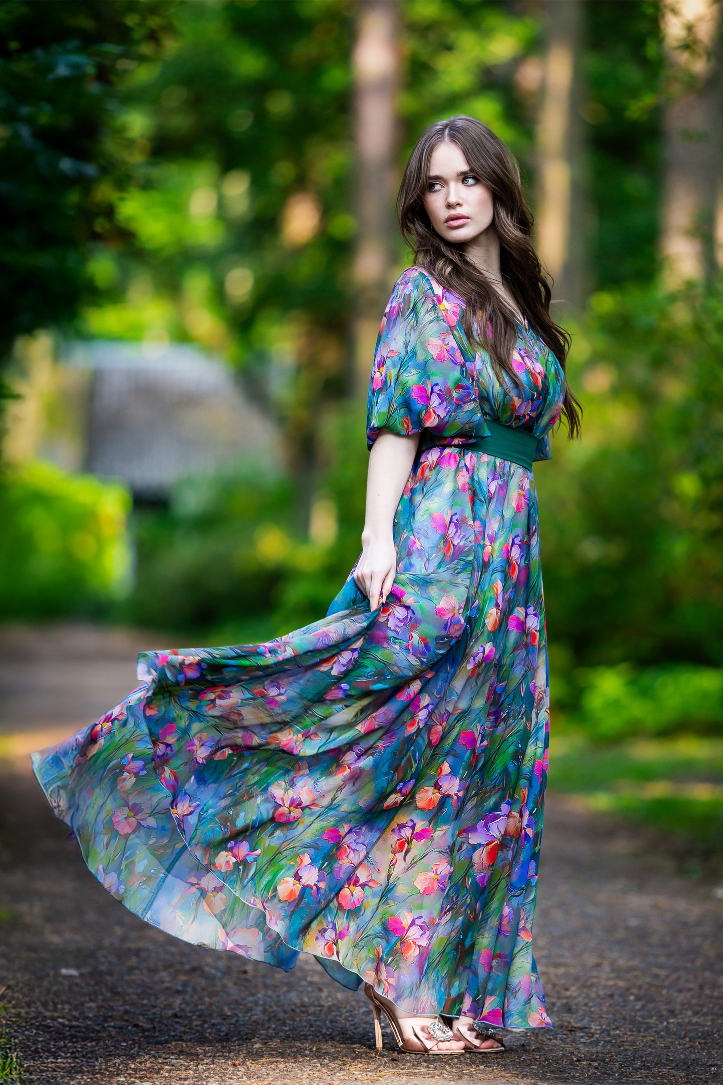 Green chiffon maxi dress with separated belt