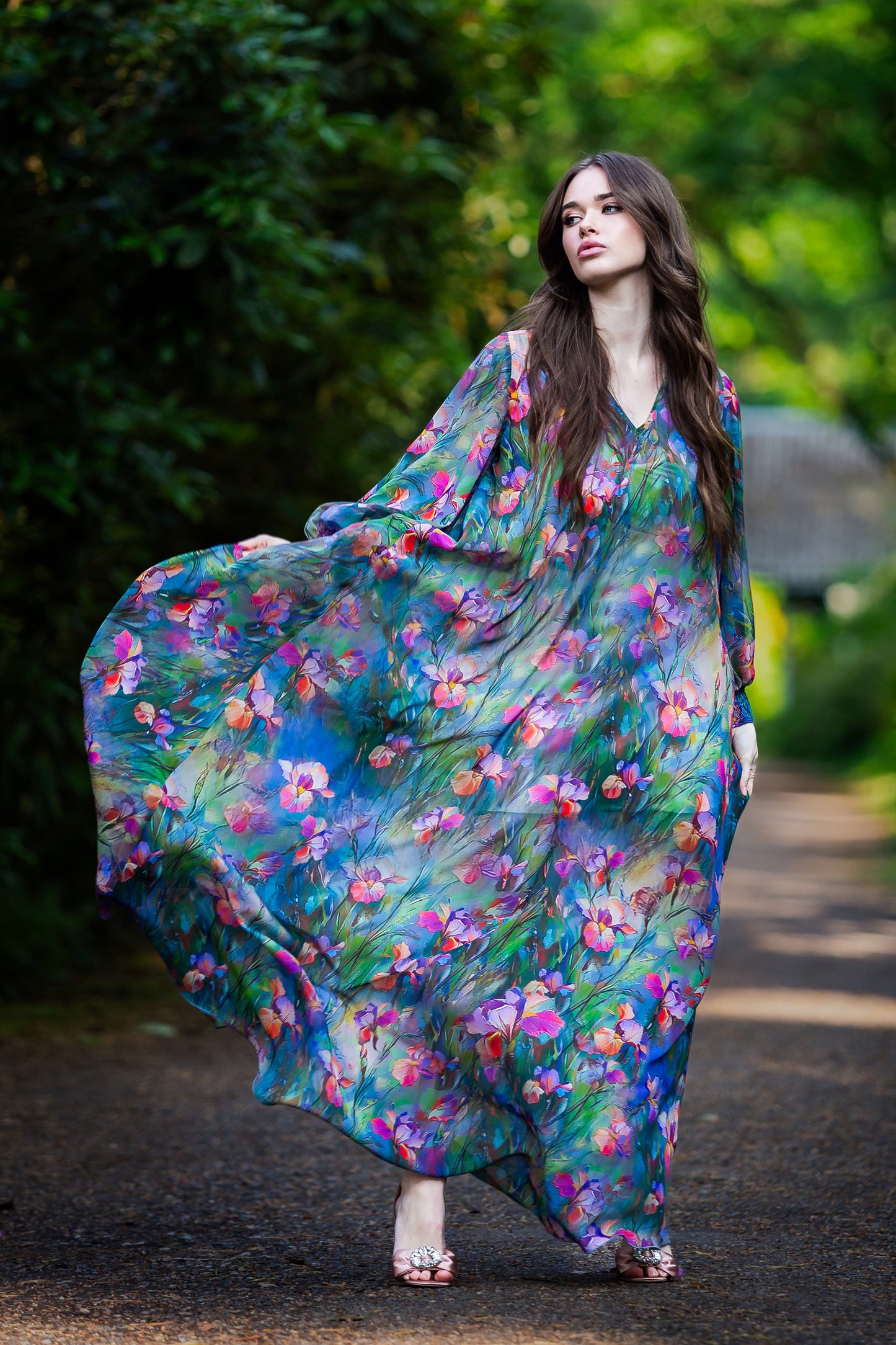 Green chiffon maxi dress with separated belt