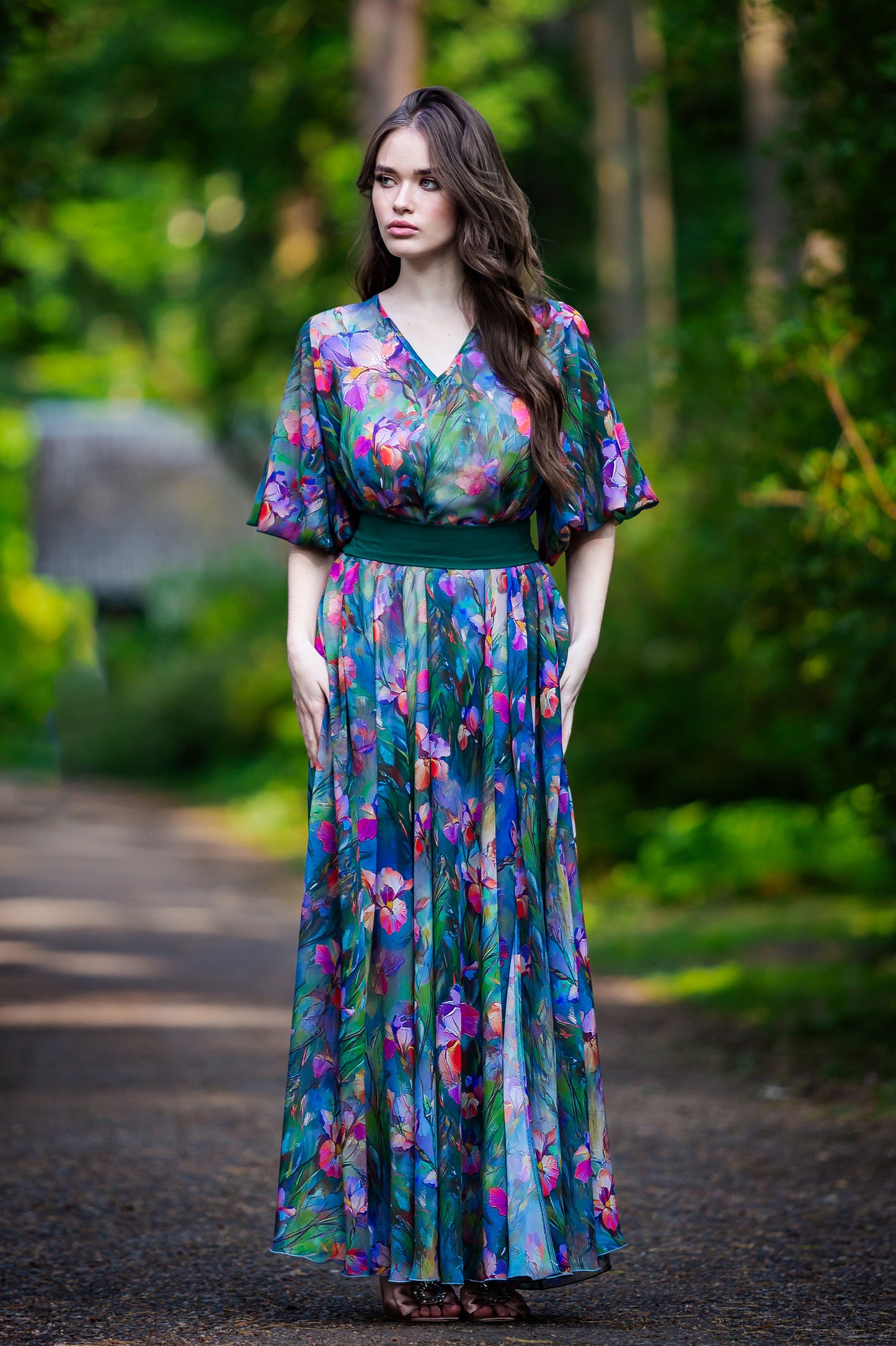 Green chiffon maxi dress with separated belt