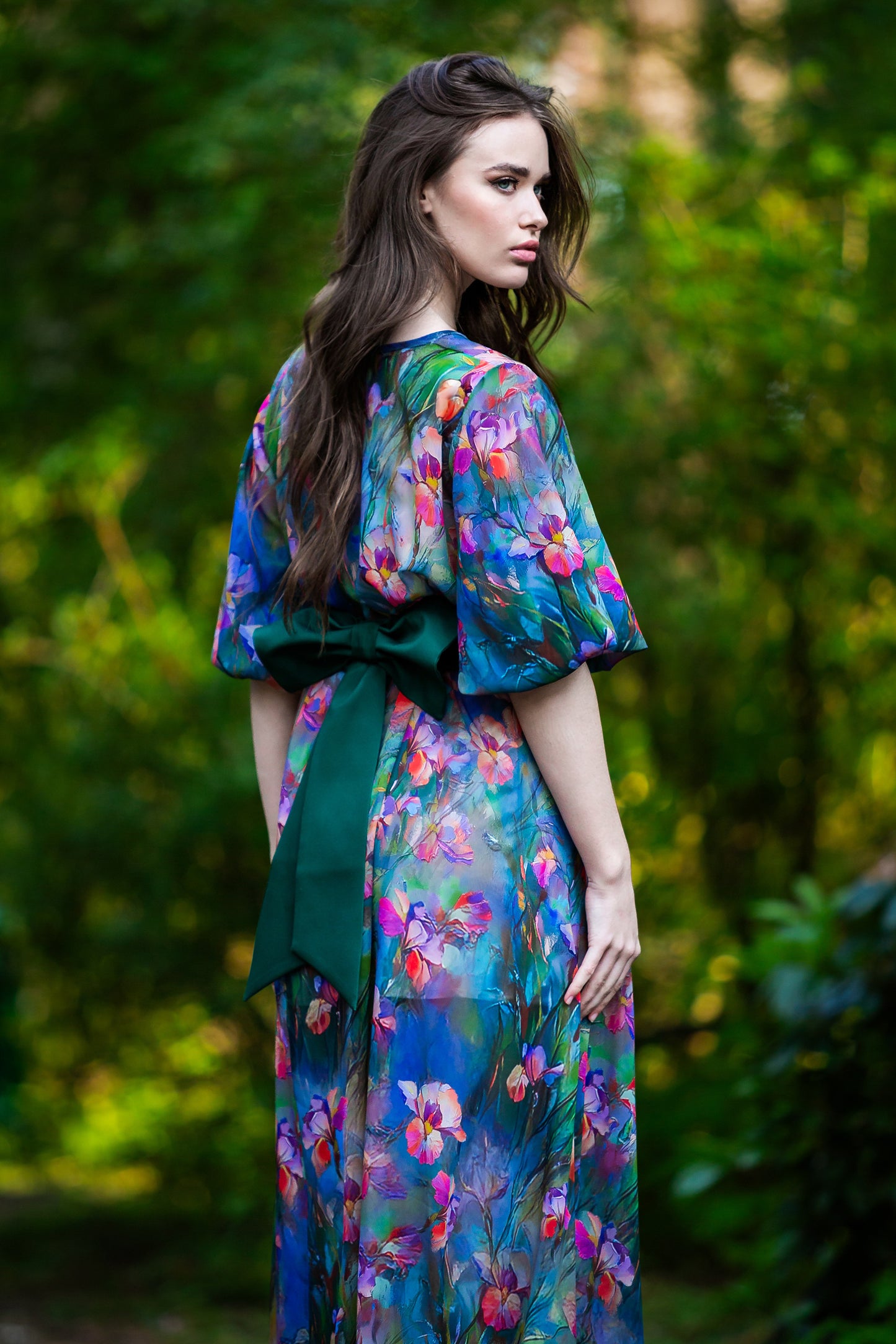 Green chiffon maxi dress with separated belt