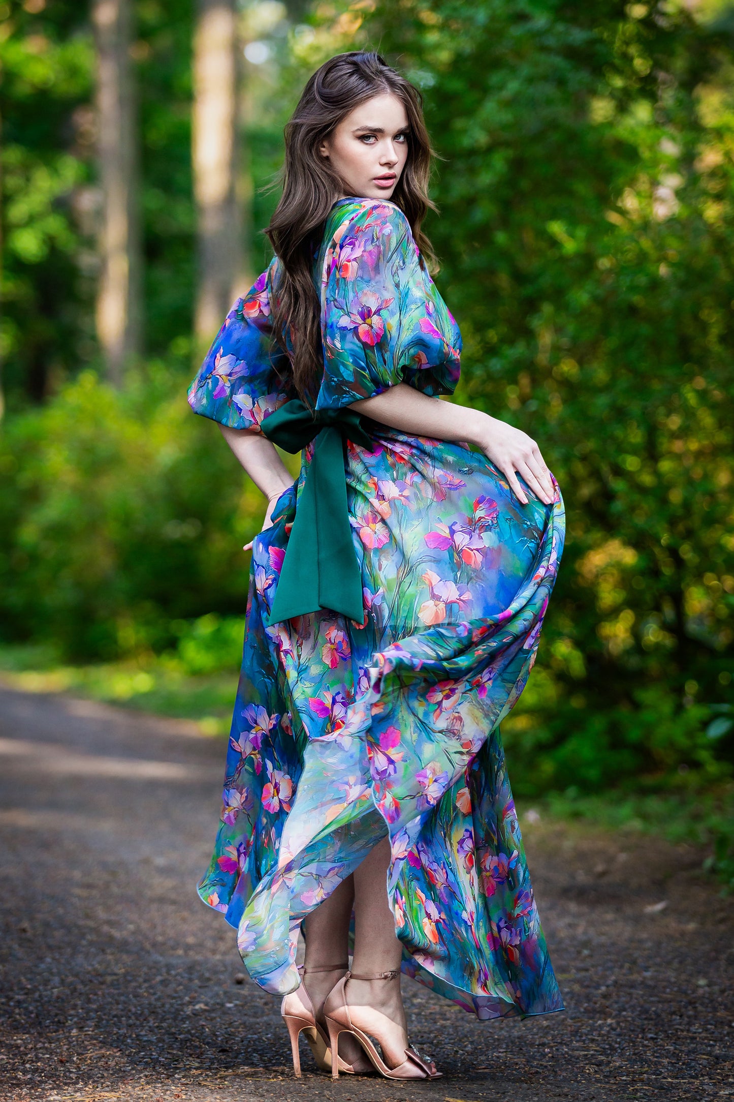 Green chiffon maxi dress with separated belt