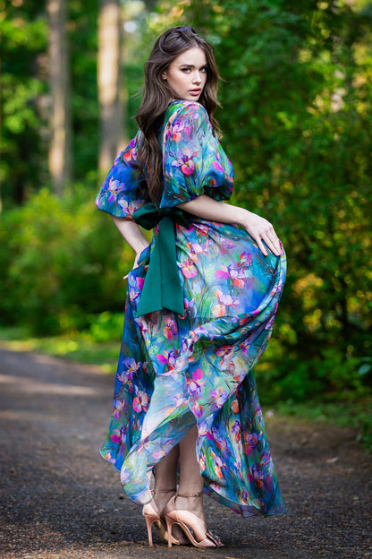 Green chiffon maxi dress with separated belt