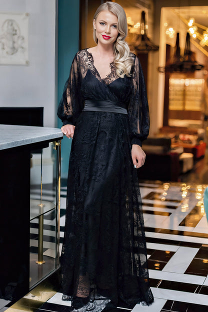 Black Lace Maxi Dress for Women – Sheer Long Sleeve Gown with Satin Waist Tie, Floral Lace Evening & Occasion Dress