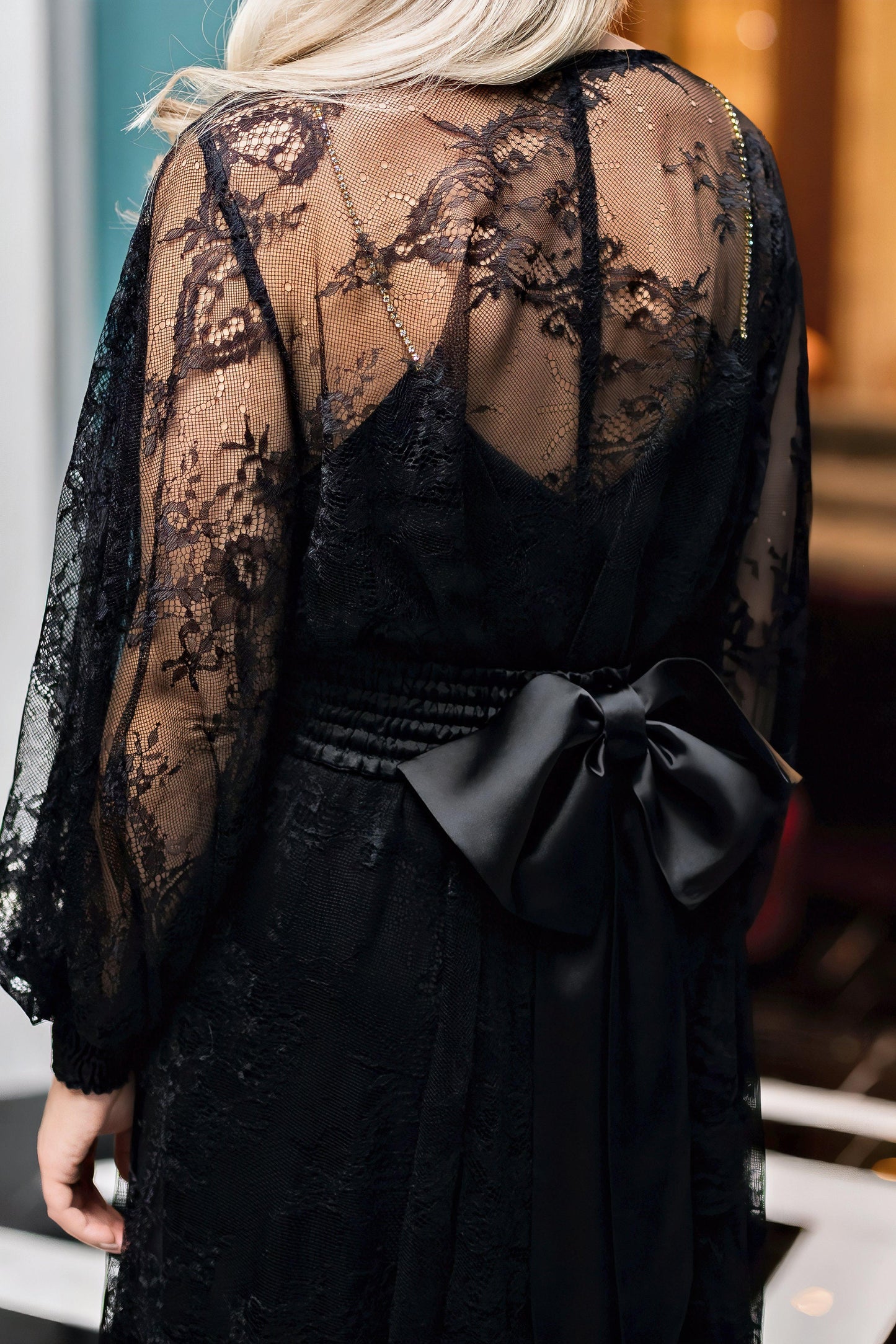Black Lace Maxi Dress for Women – Sheer Long Sleeve Gown with Satin Waist Tie, Floral Lace Evening & Occasion Dress