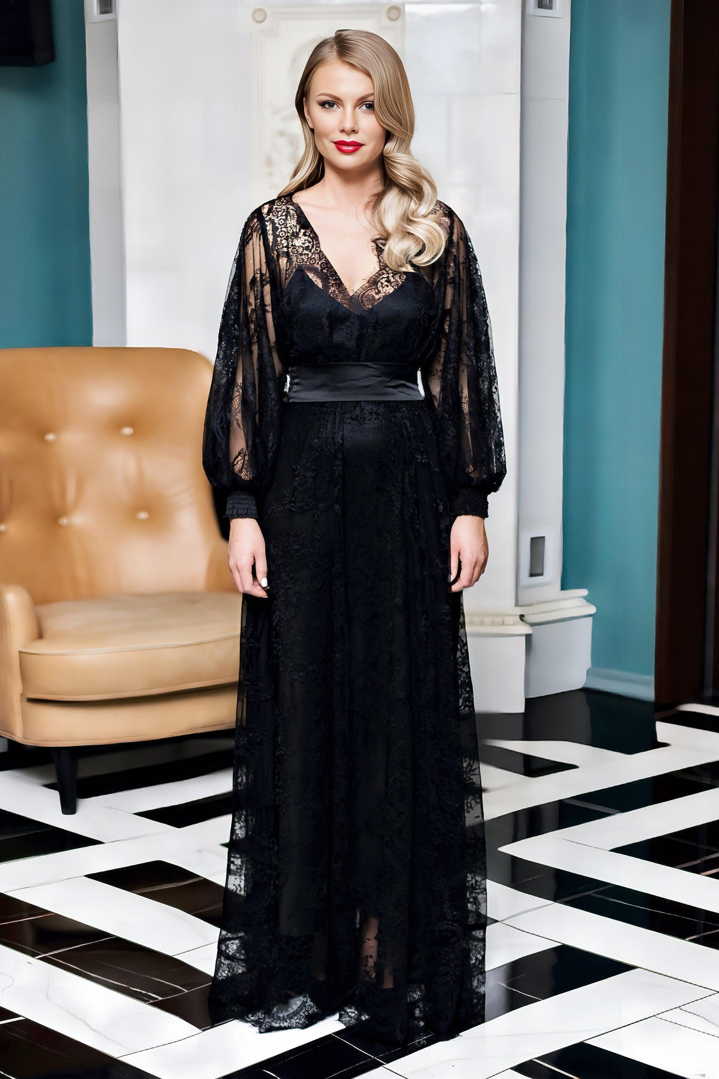 Black Lace Maxi Dress for Women – Sheer Long Sleeve Gown with Satin Waist Tie, Floral Lace Evening & Occasion Dress
