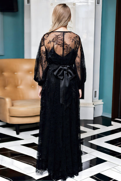 Black Lace Maxi Dress for Women – Sheer Long Sleeve Gown with Satin Waist Tie, Floral Lace Evening & Occasion Dress
