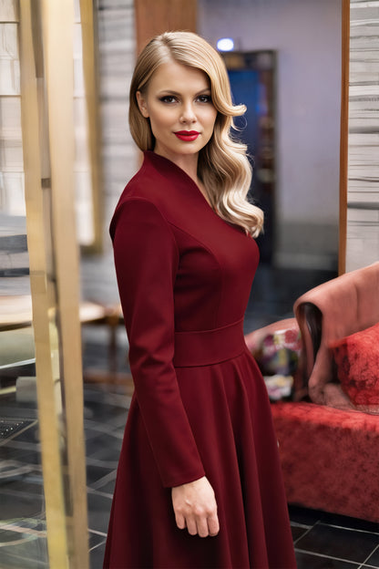 Burgundy Midi Dress with Circle Skirt and Bow Detail on the Back