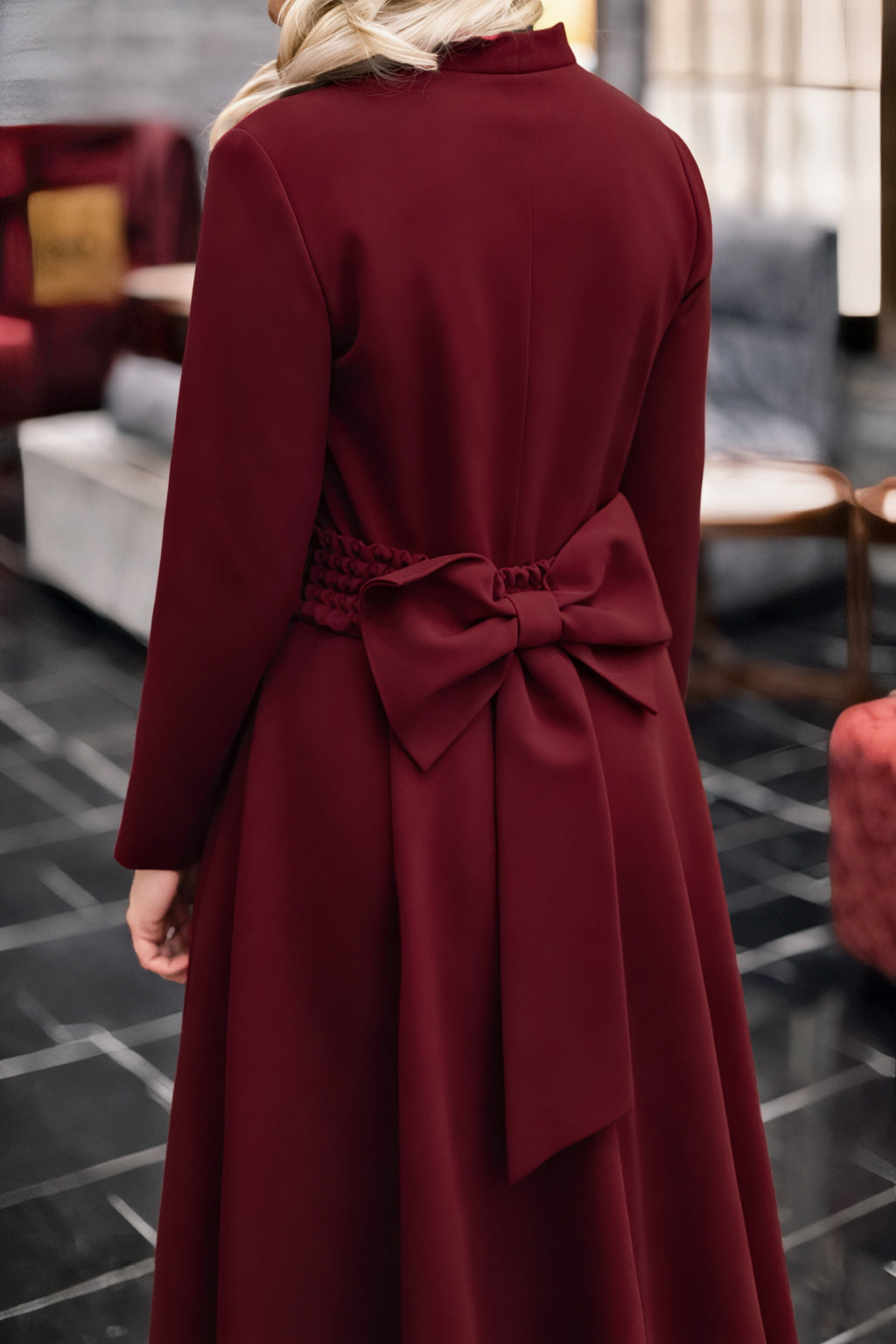 Burgundy Midi Dress with Circle Skirt and Bow Detail on the Back