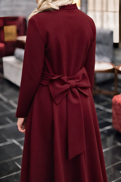 Burgundy Midi Dress with Circle Skirt and Bow Detail on the Back