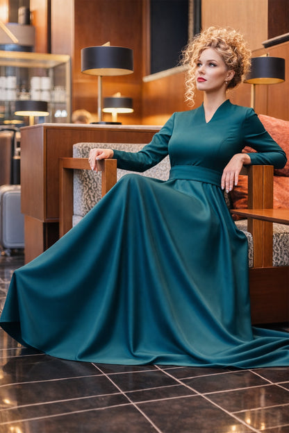 Emerald Green Long Sleeve Maxi Dress with Bow Back Detail