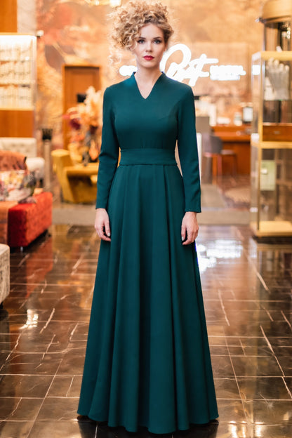 Emerald Green Long Sleeve Maxi Dress with Bow Back Detail