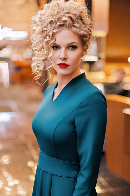 Emerald Green Long Sleeve Maxi Dress with Bow Back Detail