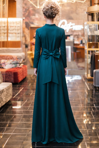 Emerald Green Long Sleeve Maxi Dress with Bow Back Detail