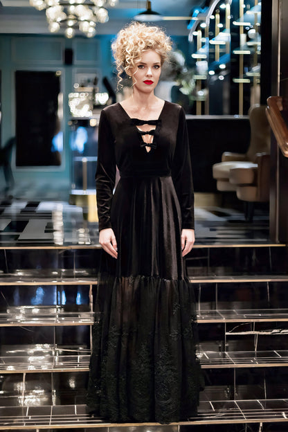Black Velvet & Lace Long Dress with Sheer Hem – Women’s Evening Dress with Bow Detail and Long Sleeves
