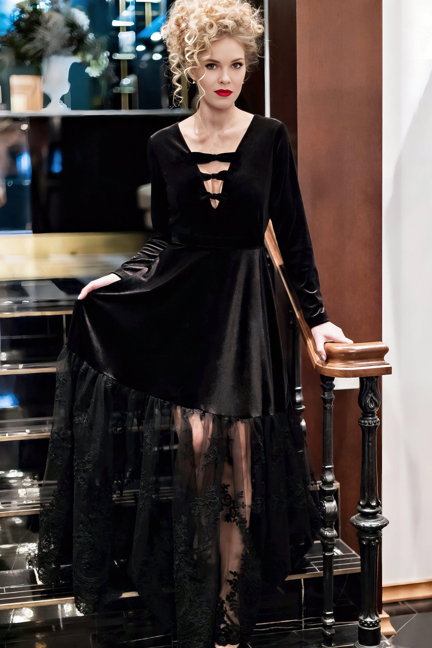 Black Velvet & Lace Long Dress with Sheer Hem – Women’s Evening Dress with Bow Detail and Long Sleeves