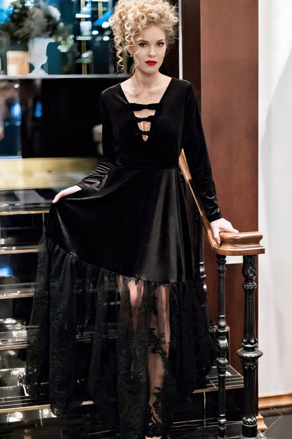Black Velvet & Lace Long Dress with Sheer Hem – Women’s Evening Dress with Bow Detail and Long Sleeves