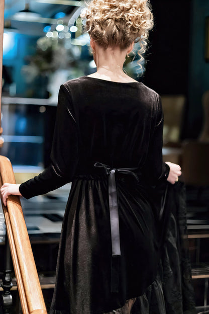 Black Velvet & Lace Long Dress with Sheer Hem – Women’s Evening Dress with Bow Detail and Long Sleeves