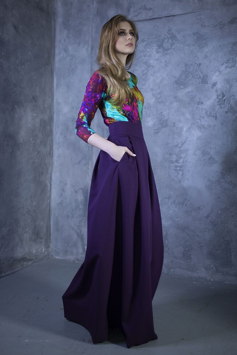 Dark purple full maxi skirts with side pockets