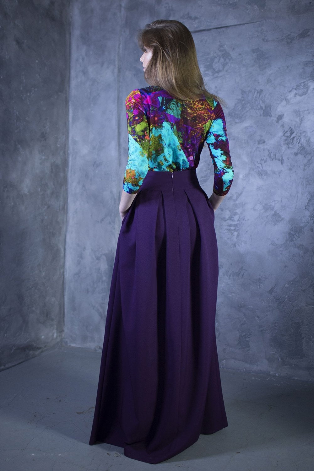 Dark purple full maxi skirts with side pockets