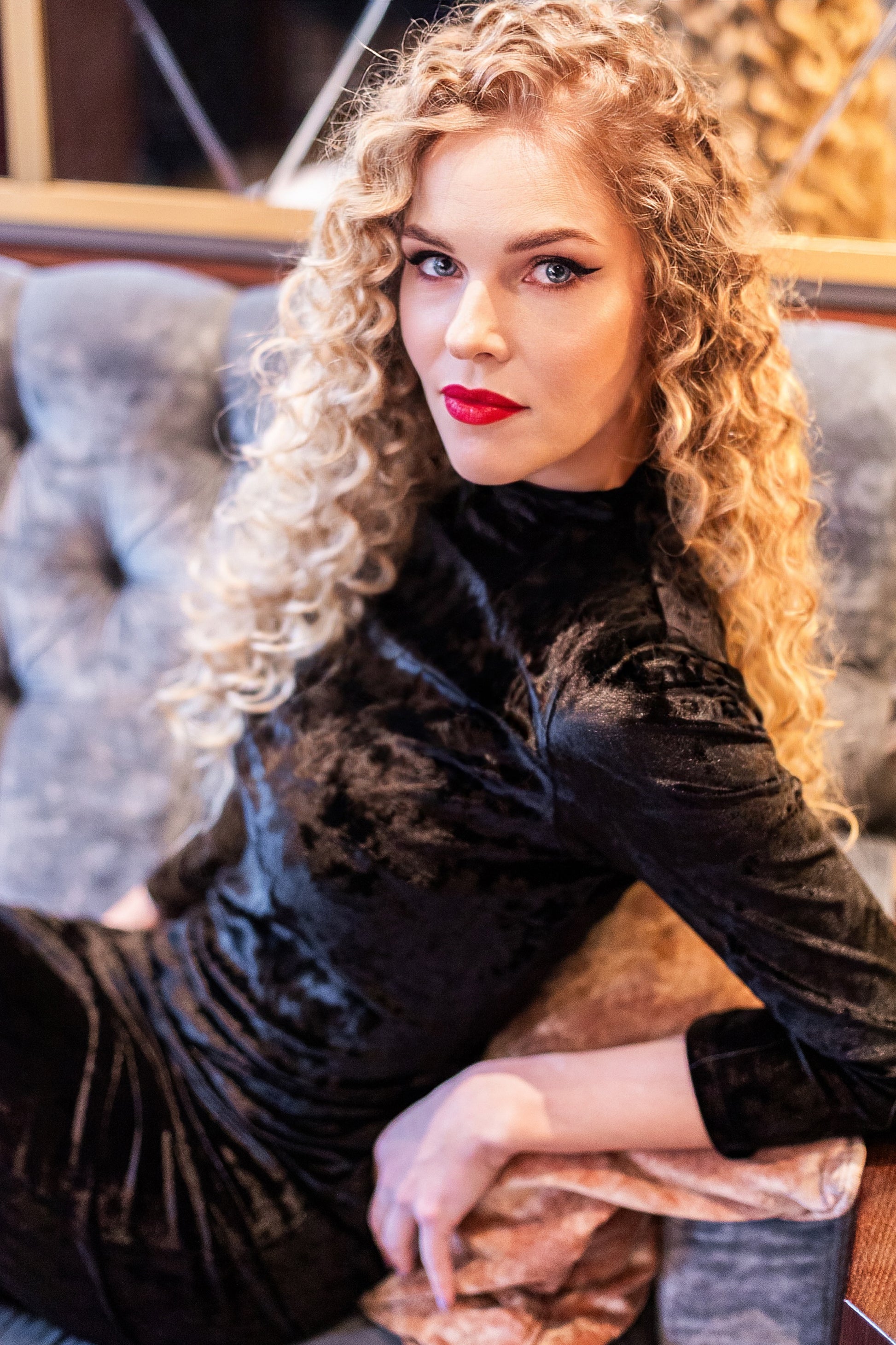 Black Velvet Midi Dress for Women  Long Sleeve Fitted Dress, Soft Str   GUNTINA