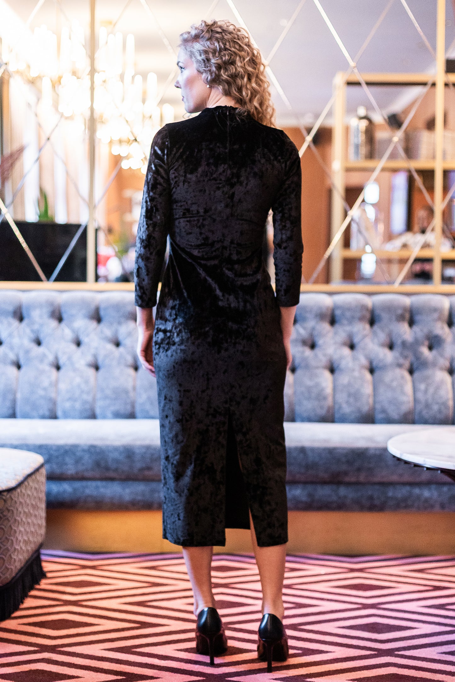 Black Velvet Midi Dress for Women – Long Sleeve Fitted Dress, Soft Stretch Velvet Bodycon, Minimalist Evening & Occasion Outfit