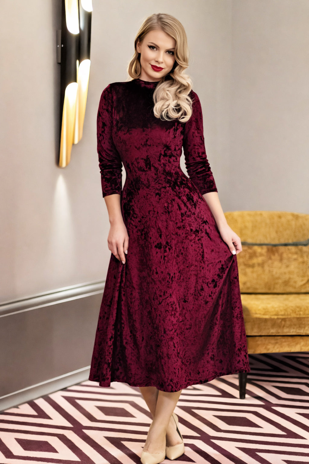 Burgundy Velvet Midi Dress with Long Sleeves Soft Stretch Bordeaux D GUNTINA Burgundy Velvet Midi Dress with Long Sleeves Soft Stretch Bordeaux D GUNTINA