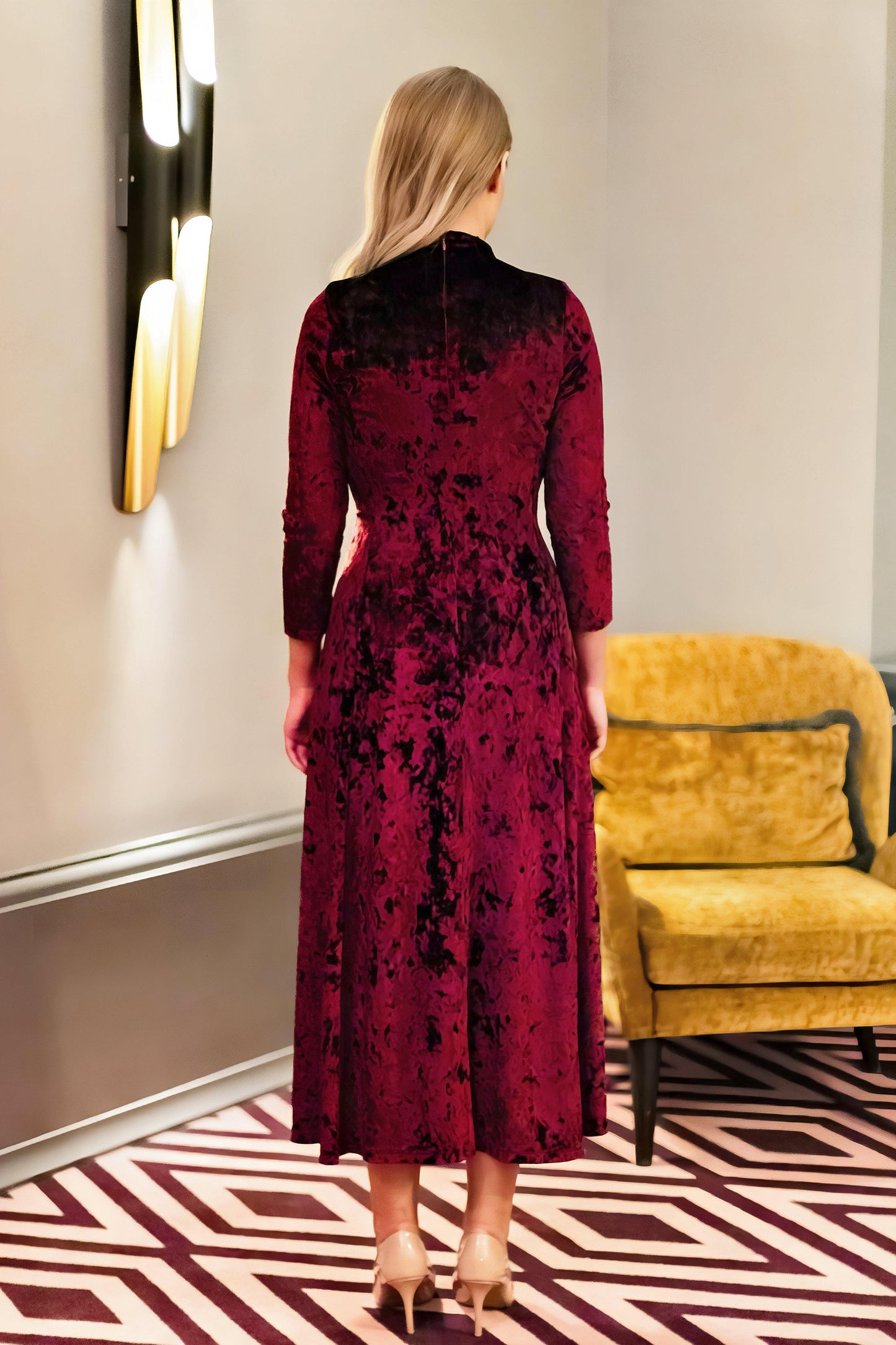 Burgundy Velvet Midi Dress with Long Sleeves – Soft Stretch Bordeaux Dress for Women