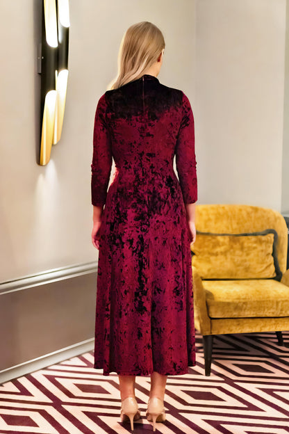 Burgundy Velvet Midi Dress with Long Sleeves – Soft Stretch Bordeaux Dress for Women