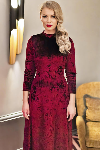 Burgundy Velvet Midi Dress with Long Sleeves – Soft Stretch Bordeaux Dress for Women
