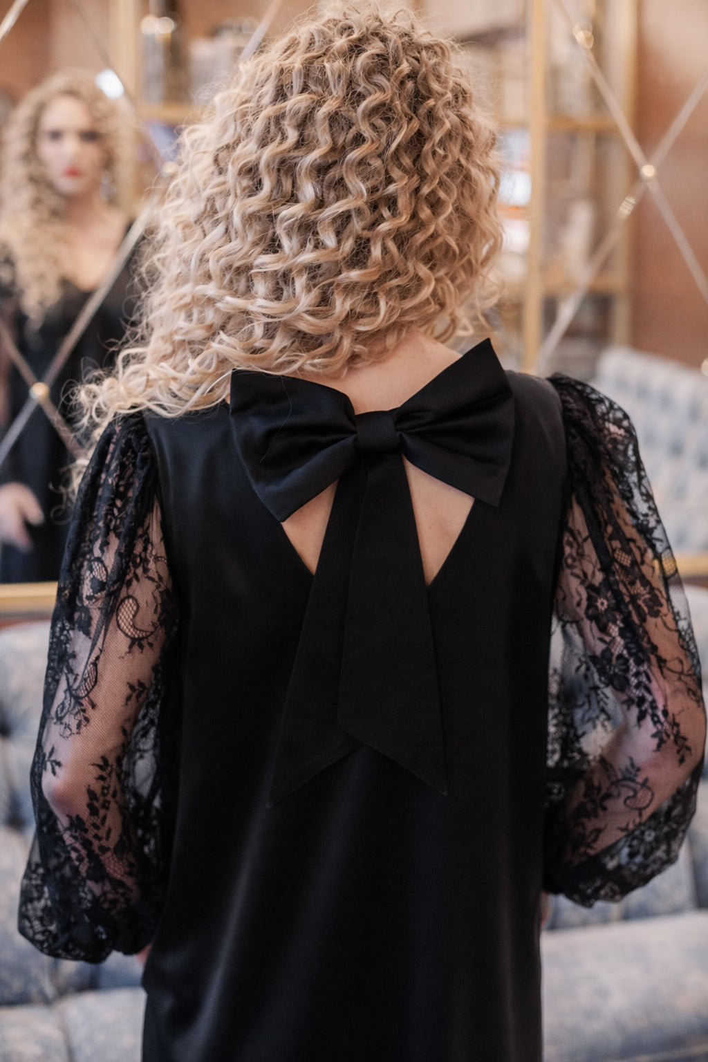 Black Satin Mini Dress with Lace Sleeves and Bow Back Women's V-Neck GUNTINA Black Satin Mini Dress with Lace Sleeves and Bow Back Women's V-Neck GUNTINA
