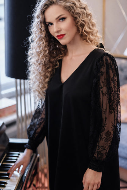 Black Satin Mini Dress with Lace Sleeves and Bow Back – Women’s V-Neck Evening Dress