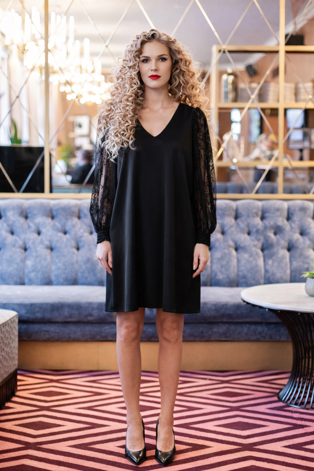 Black Satin Mini Dress with Lace Sleeves and Bow Back – Women’s V-Neck Evening Dress