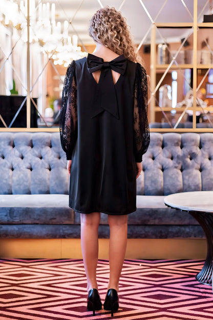 Black Satin Mini Dress with Lace Sleeves and Bow Back – Women’s V-Neck Evening Dress