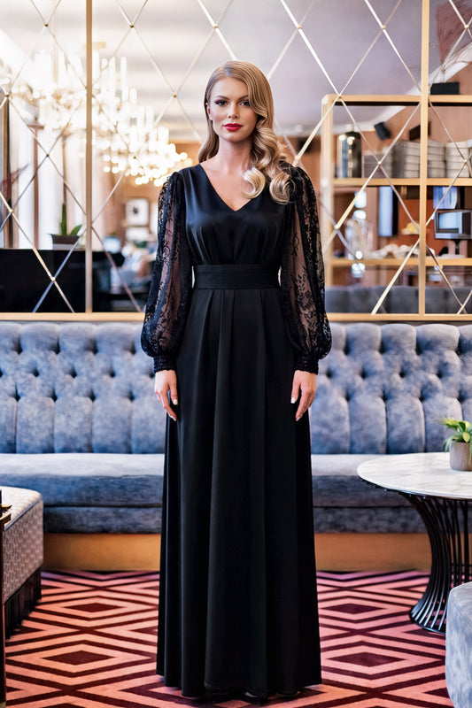 Black Satin Maxi Dress with Lace Sleeves and Bow Back Detail