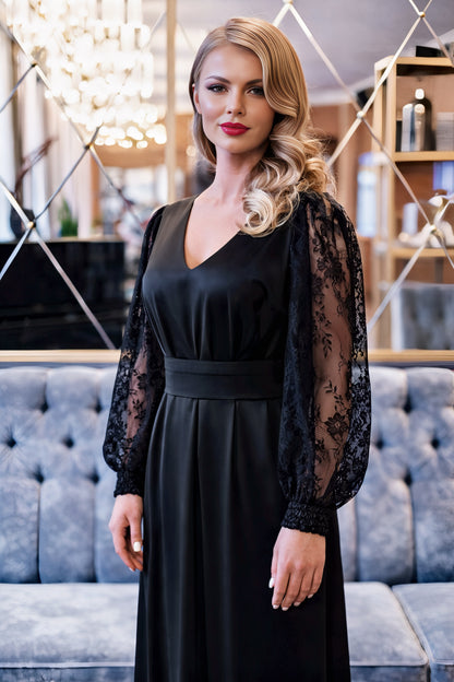 Black Satin Maxi Dress with Lace Sleeves and Bow Back Detail