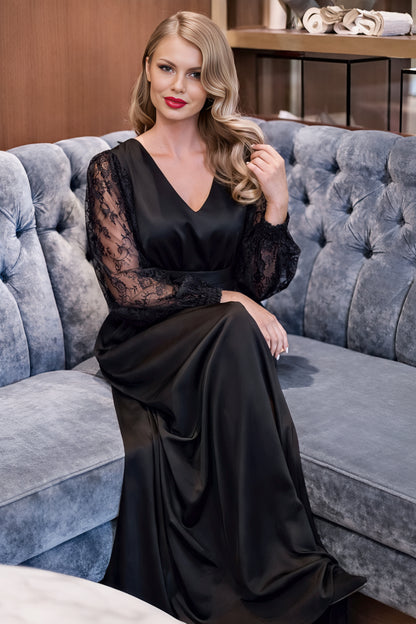 Black Satin Maxi Dress with Lace Sleeves and Bow Back Detail