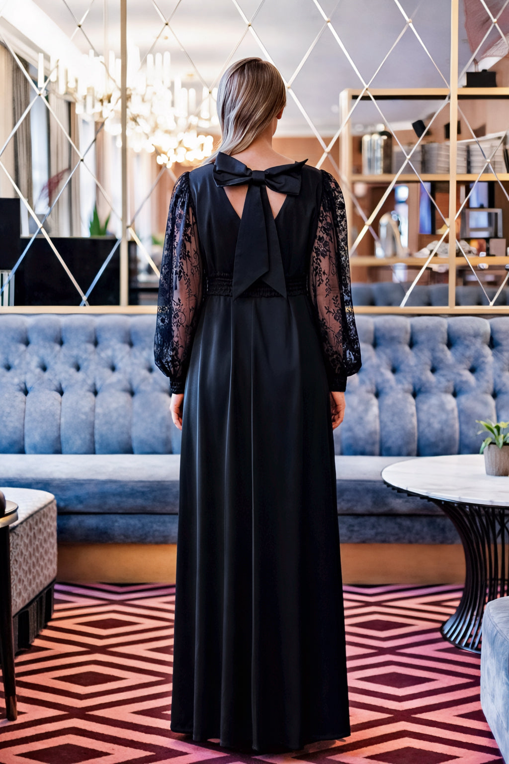 Black Satin Maxi Dress with Lace Sleeves and Bow Back Detail