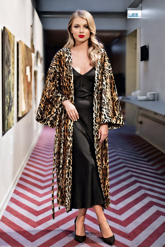 Leoparda apdrukas kimono mētelis – viegls mētelis ar satīna oderi, kabatām un jostu