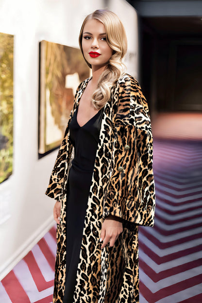 Leoparda apdrukas kimono mētelis – viegls mētelis ar satīna oderi, kabatām un jostu