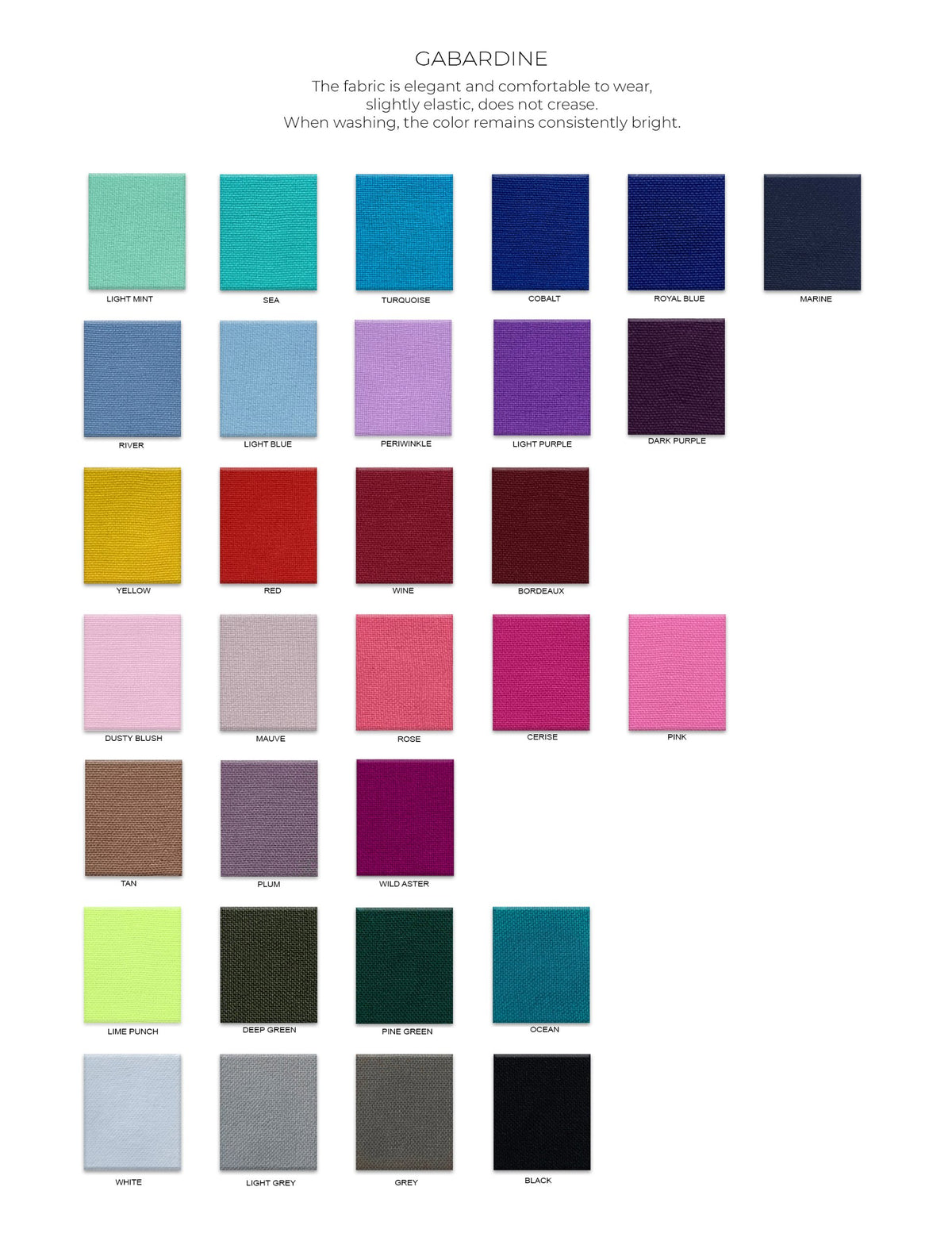Gabardine fabric color catalog — 34 colors available