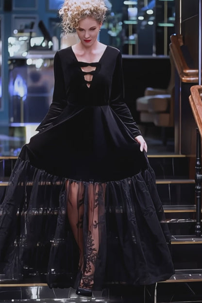 Black Velvet & Lace Long Dress with Sheer Hem – Women’s Evening Dress with Bow Detail and Long Sleeves